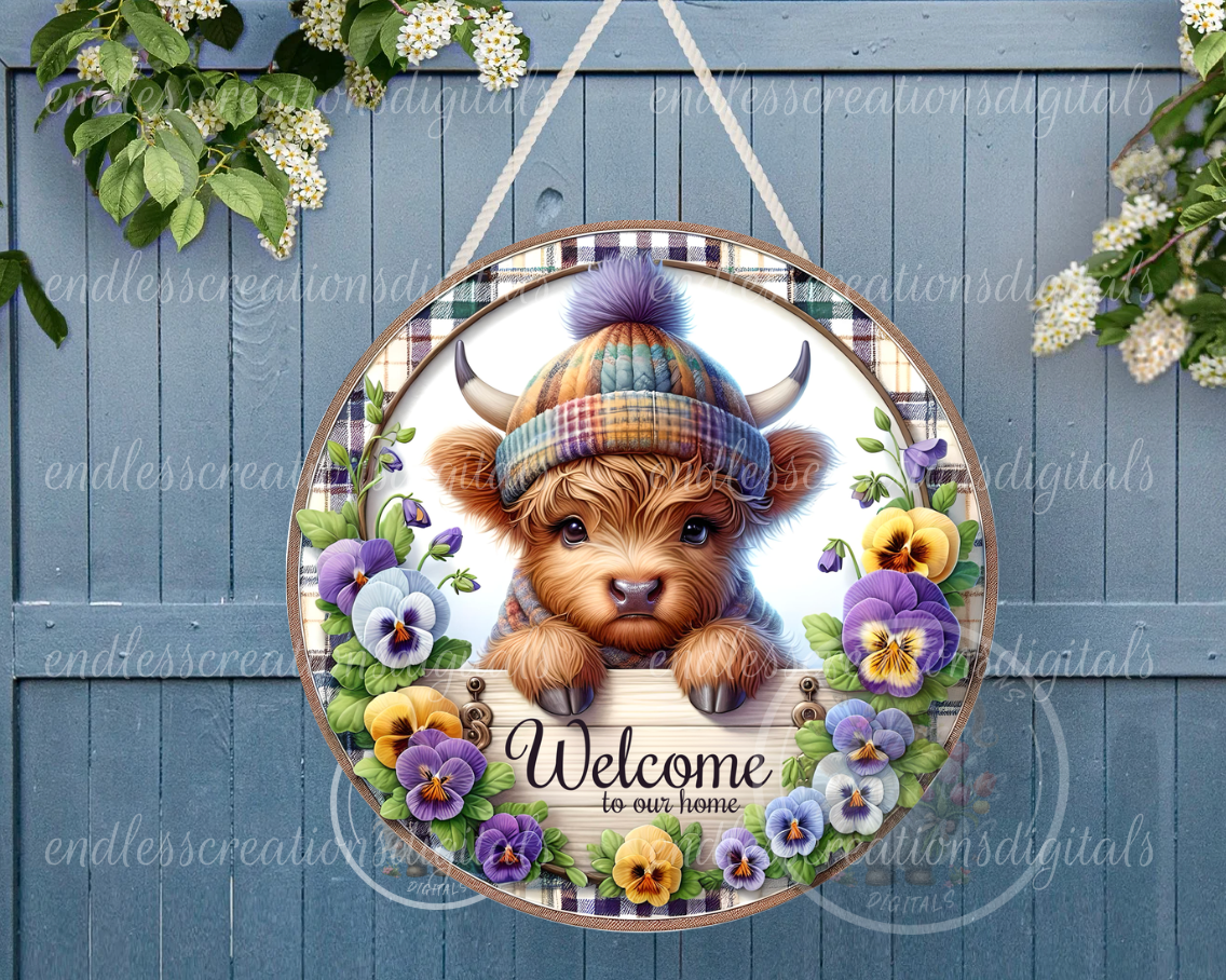 SPRING PANSIES HIGHLAND COWS ROUND