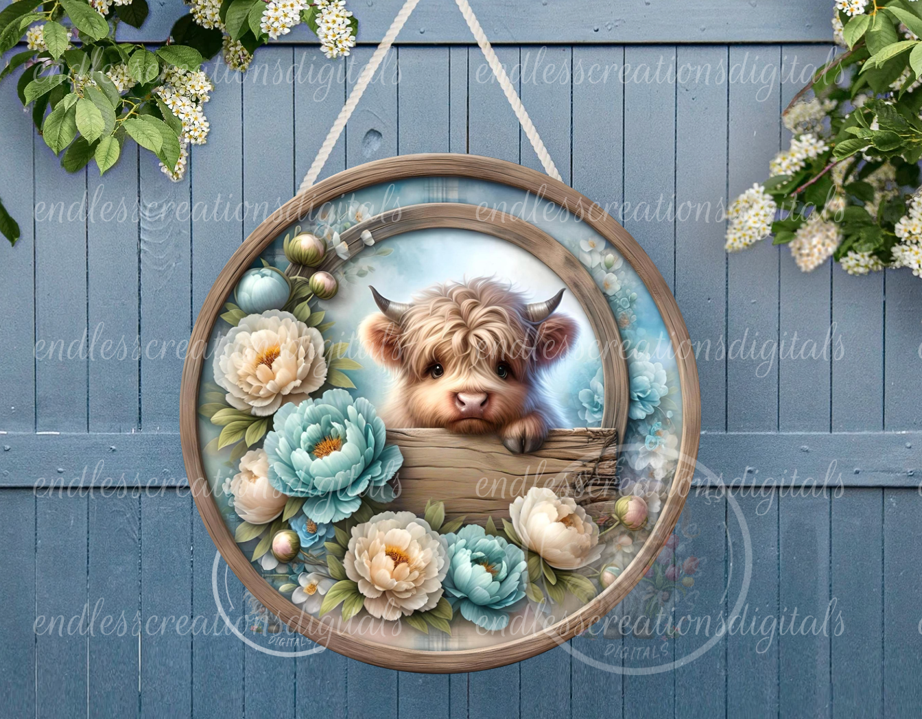 PEONY FLORAL HIGHLAND COW
