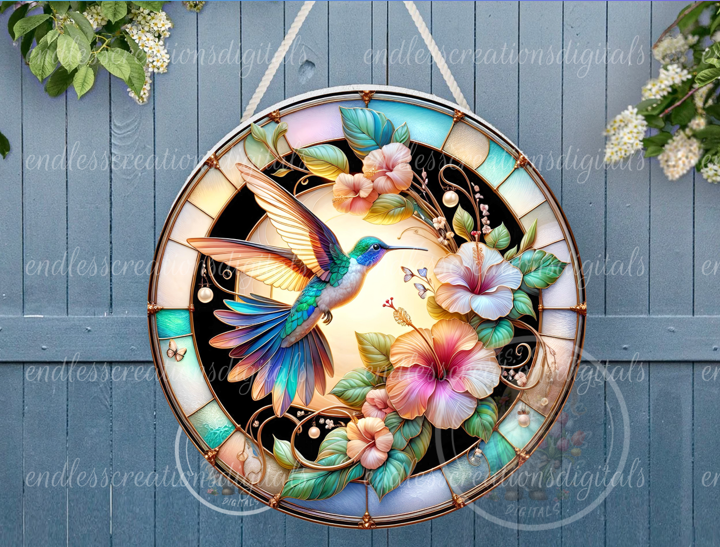 STAINED GLASS HUMMINGBIRD FLORAL