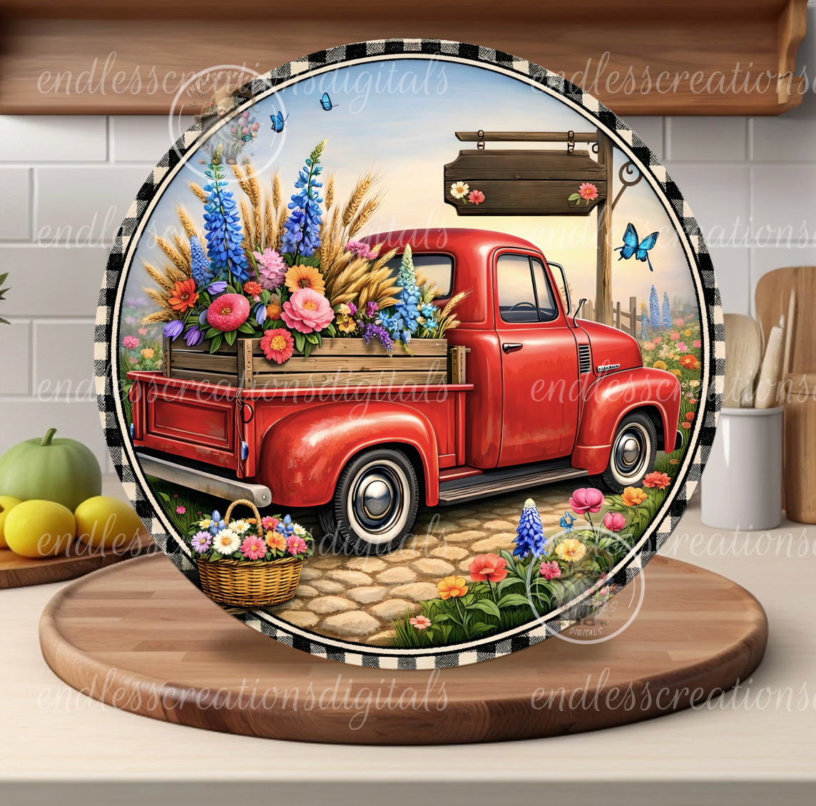 ROUND FLORAL RED TRUCK