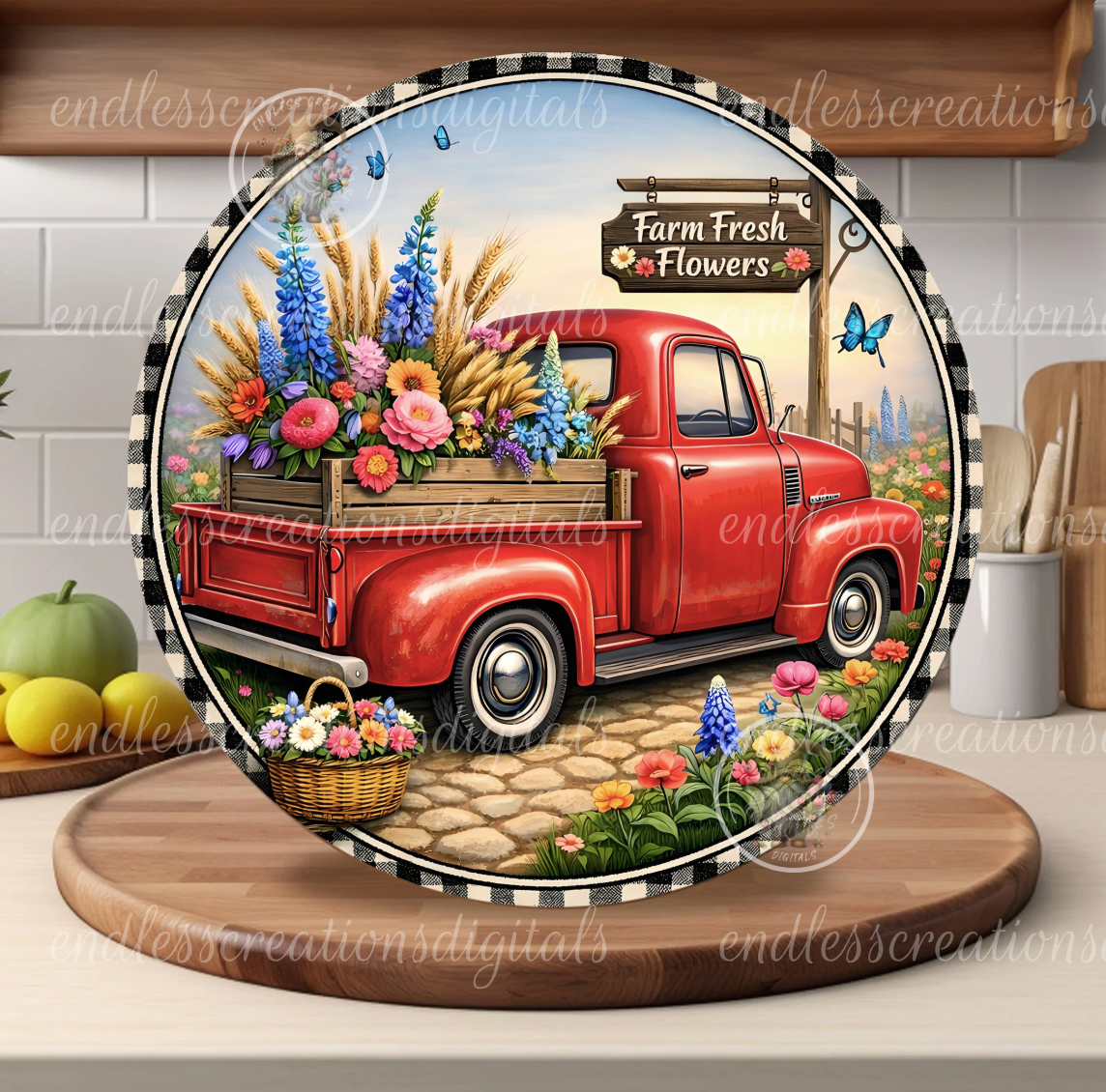 ROUND FLORAL RED TRUCK