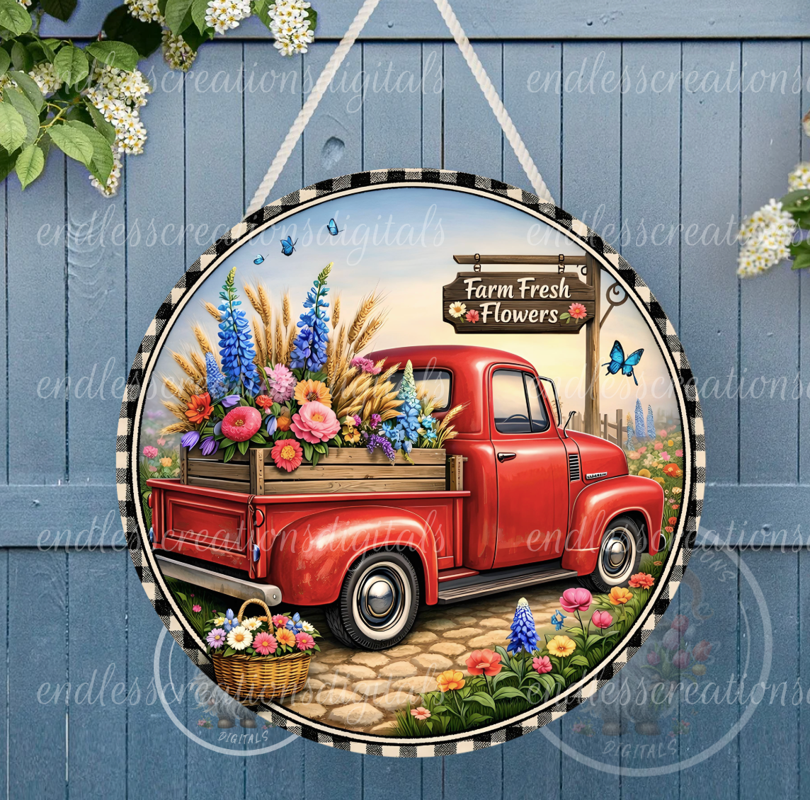 ROUND FLORAL RED TRUCK