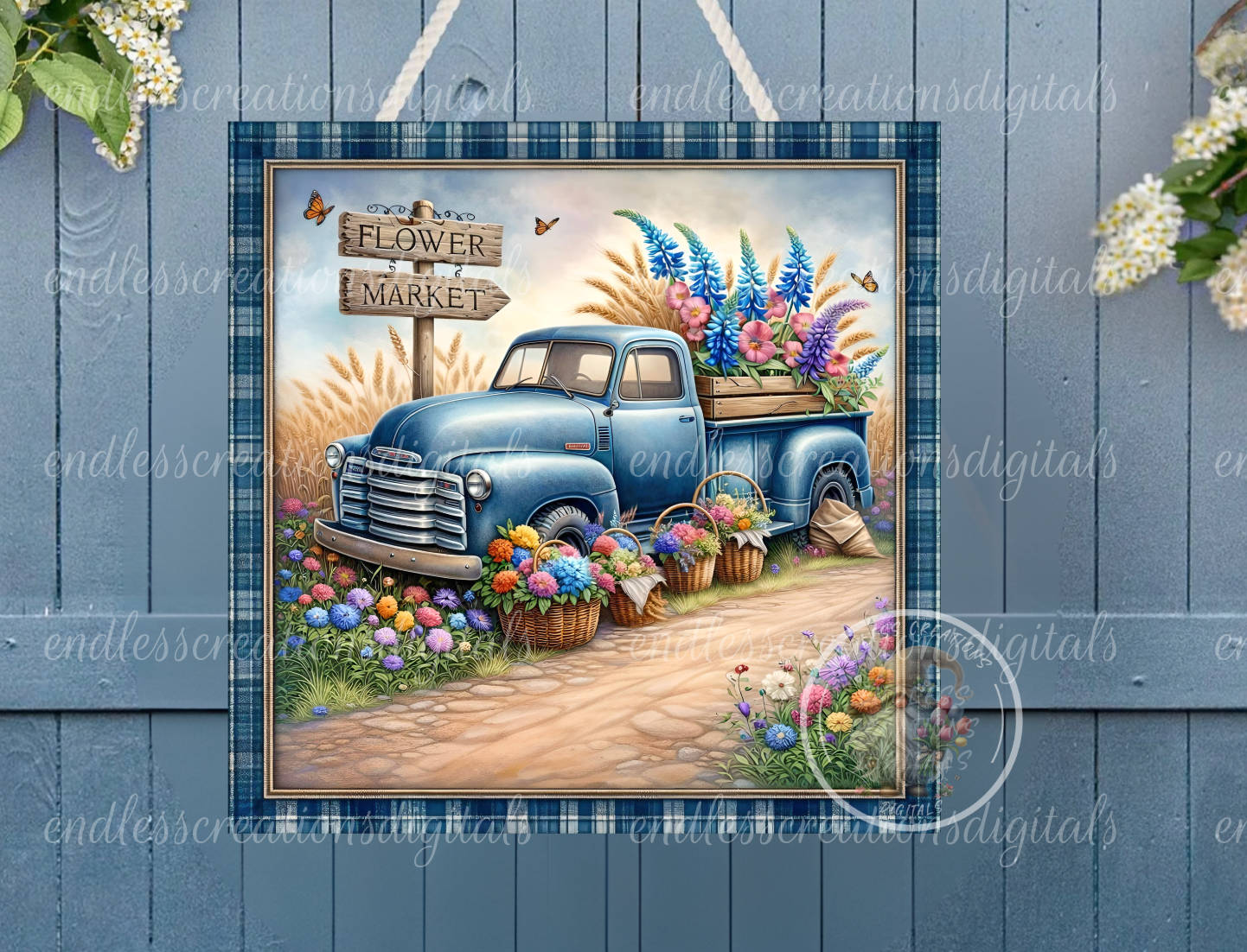 FLORAL BLUE TRUCK SQAURE
