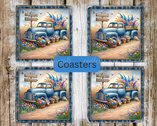 FLORAL BLUE TRUCK SQAURE