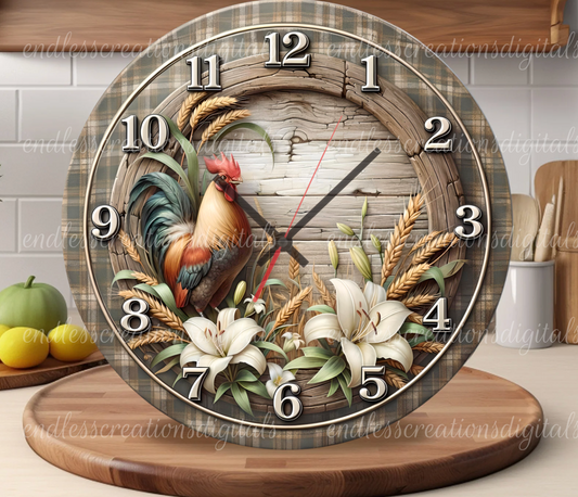 FARMHOUSE ROOSTER ROUND AND CLOCK DESIGN