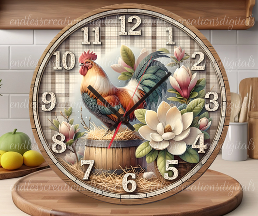 SPRING FLORAL ROOSTER CLOCK DESIGN