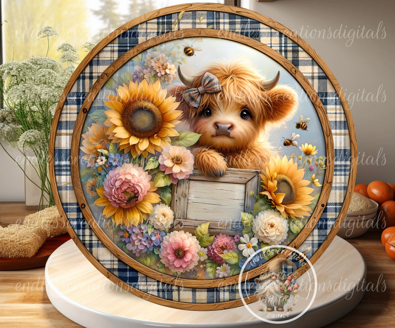 FLORAL HIGHLAND COW ROIUND/CLOCK DESIGN BUNDLE OF 4
