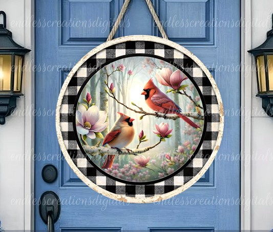 FLORAL CARDINAL PAIR ROUND/CLOCK DESIGN
