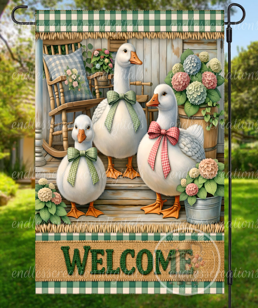WELCOME FLORAL WHITE GEESE GARDEN FLAG