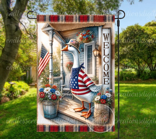 AMERICAN PORCH GOOSE GARDEN FLAG AND MATCHING ROUND