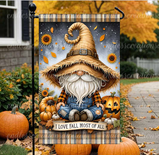 I LOVE FALL GNOME GARDEN FLAG