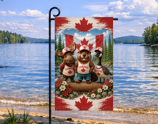 CANADA BEAVER, MOOSE AND GOOSE GARDEN FLAG
