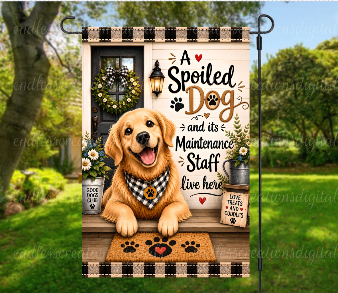 SPOLIED GOLDEN RETRIEVER ROUND/GARDEN FLAG BUNDLE OF 2