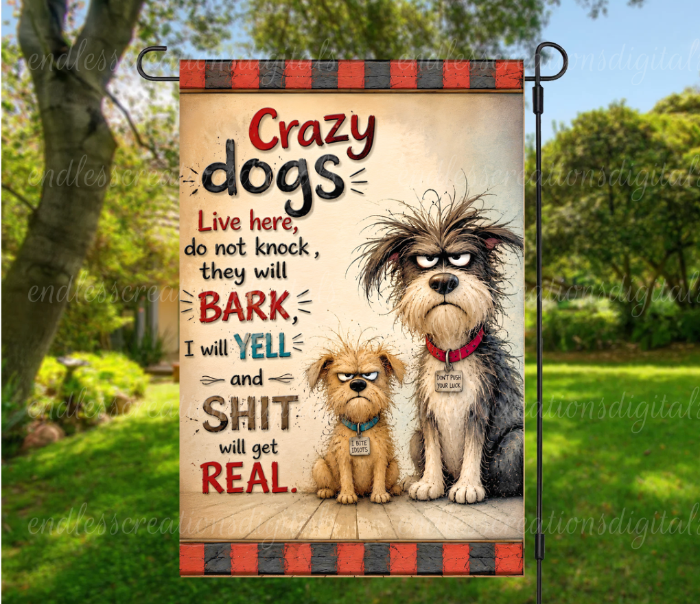 CRAZY DOGS ROUND/GARDEN FLAG BUNDLE OF 3