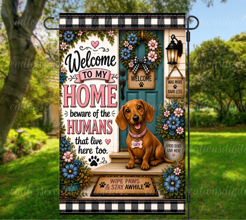 WELCOME DACHSHUND ROUND/GARDEN FLAG BUNDLE OF 2