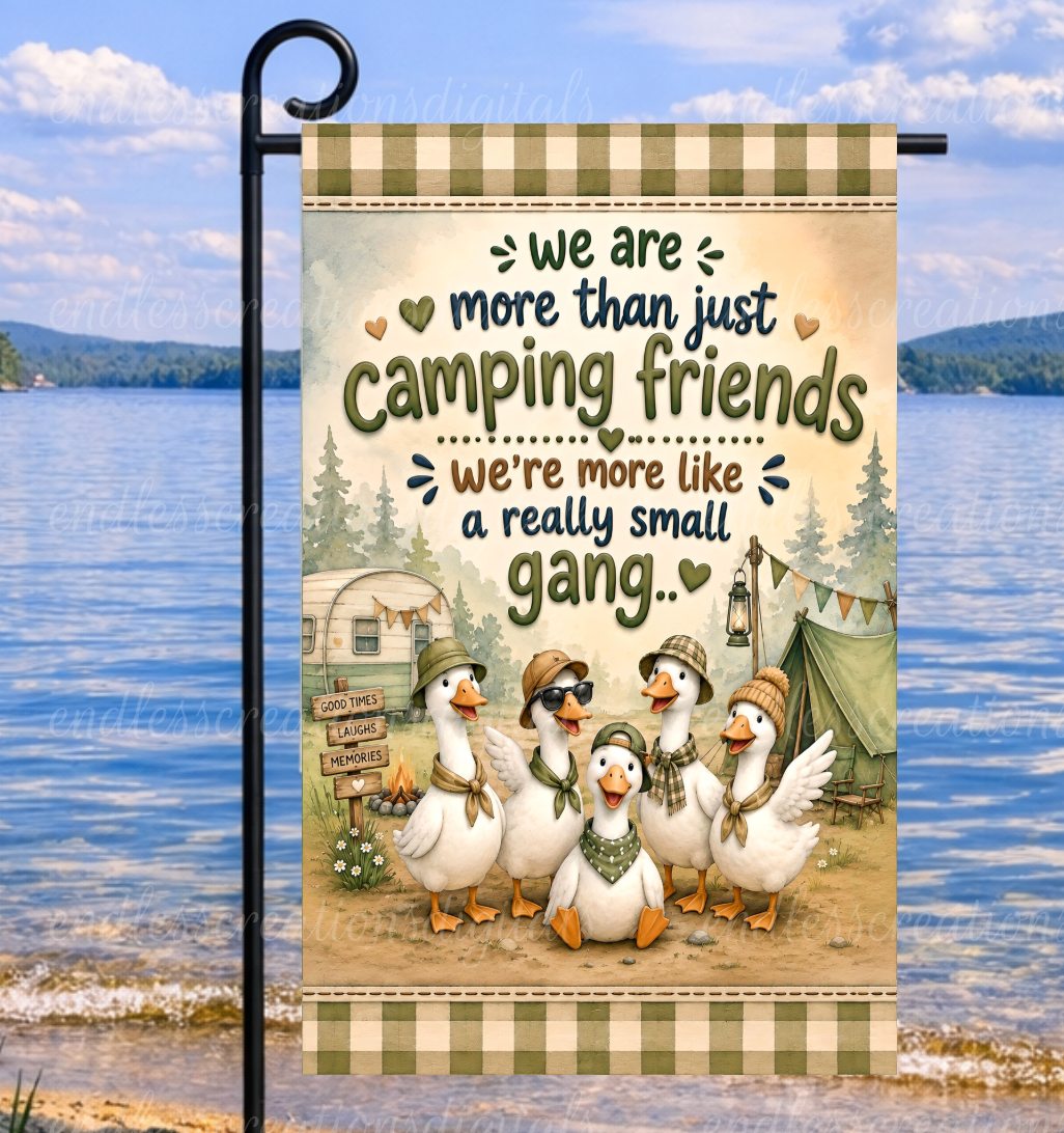 CAMPING FRIENDS GOOSE ROUND/GARDEN FLAG BUNDLE OF 2