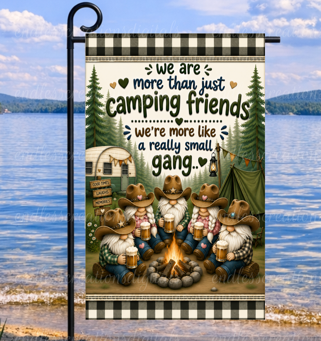 CAMPING GNOME FRIENDS ROUND/GARDEN FLAG BUNDLE OF 2