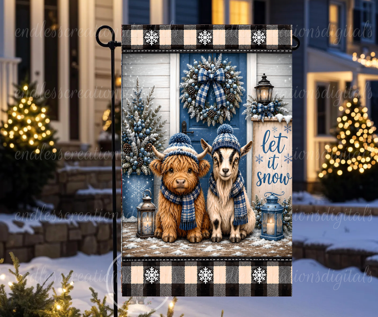 LET IT SNOW WINTER COW AND GOAT ROUND/GARDEN FLAG BUNDLE OF 3