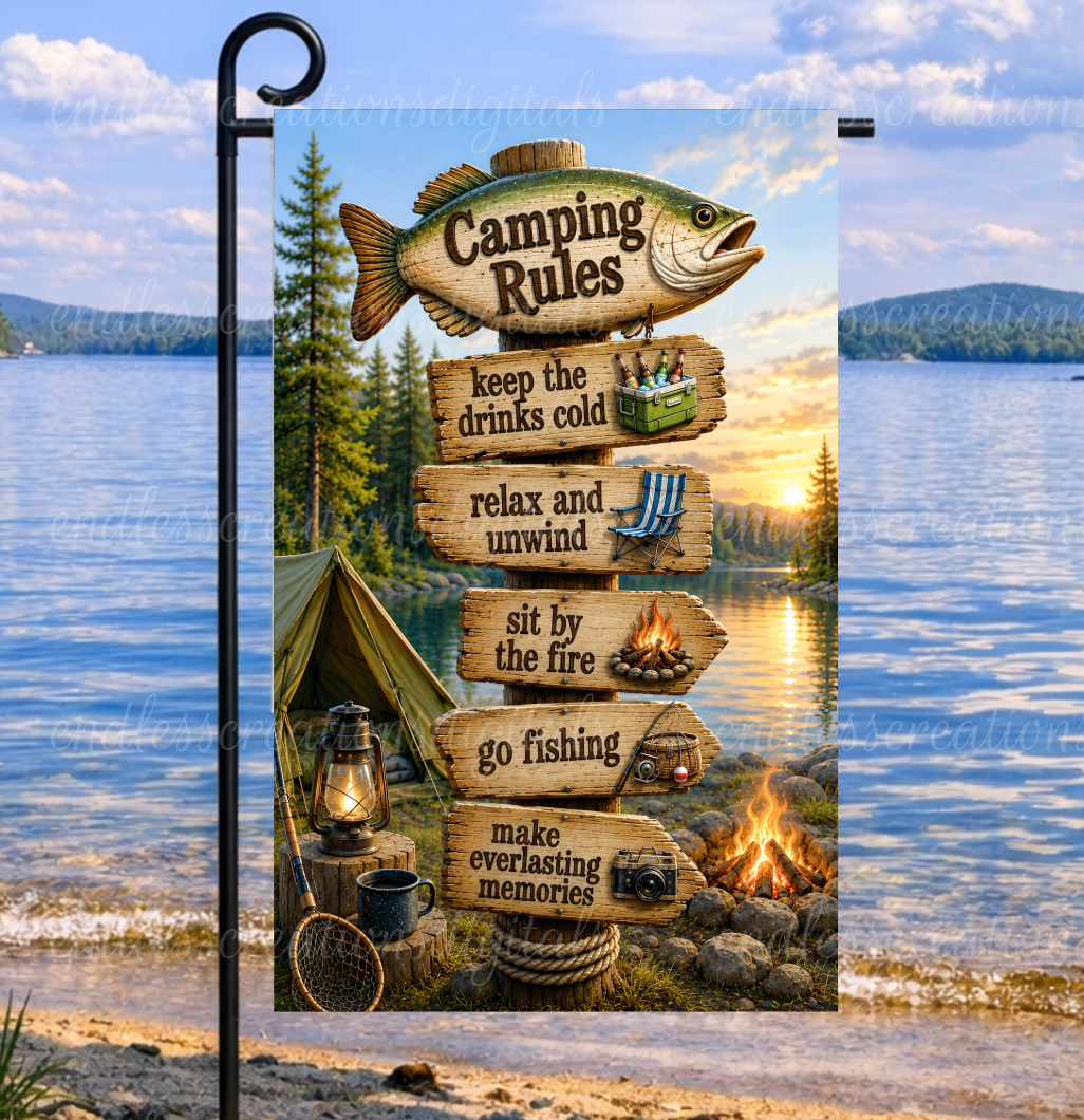 CAMPING RULES ROUND/GARDEN FLAG BUNDLE OF 2