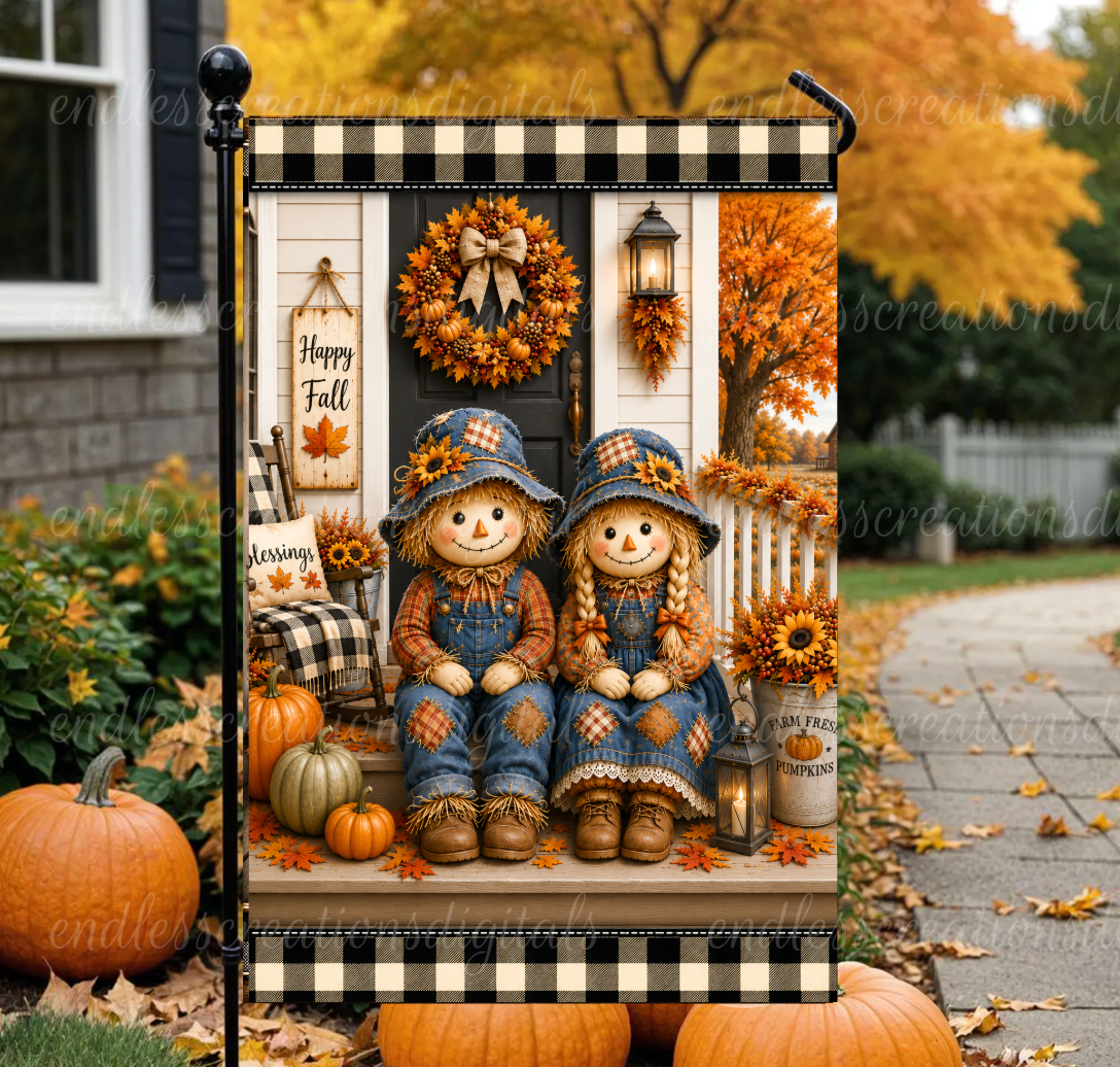 FALL SCARECROW COUPLE ROUND/GARDEN FLAG BUNDLE OF 3