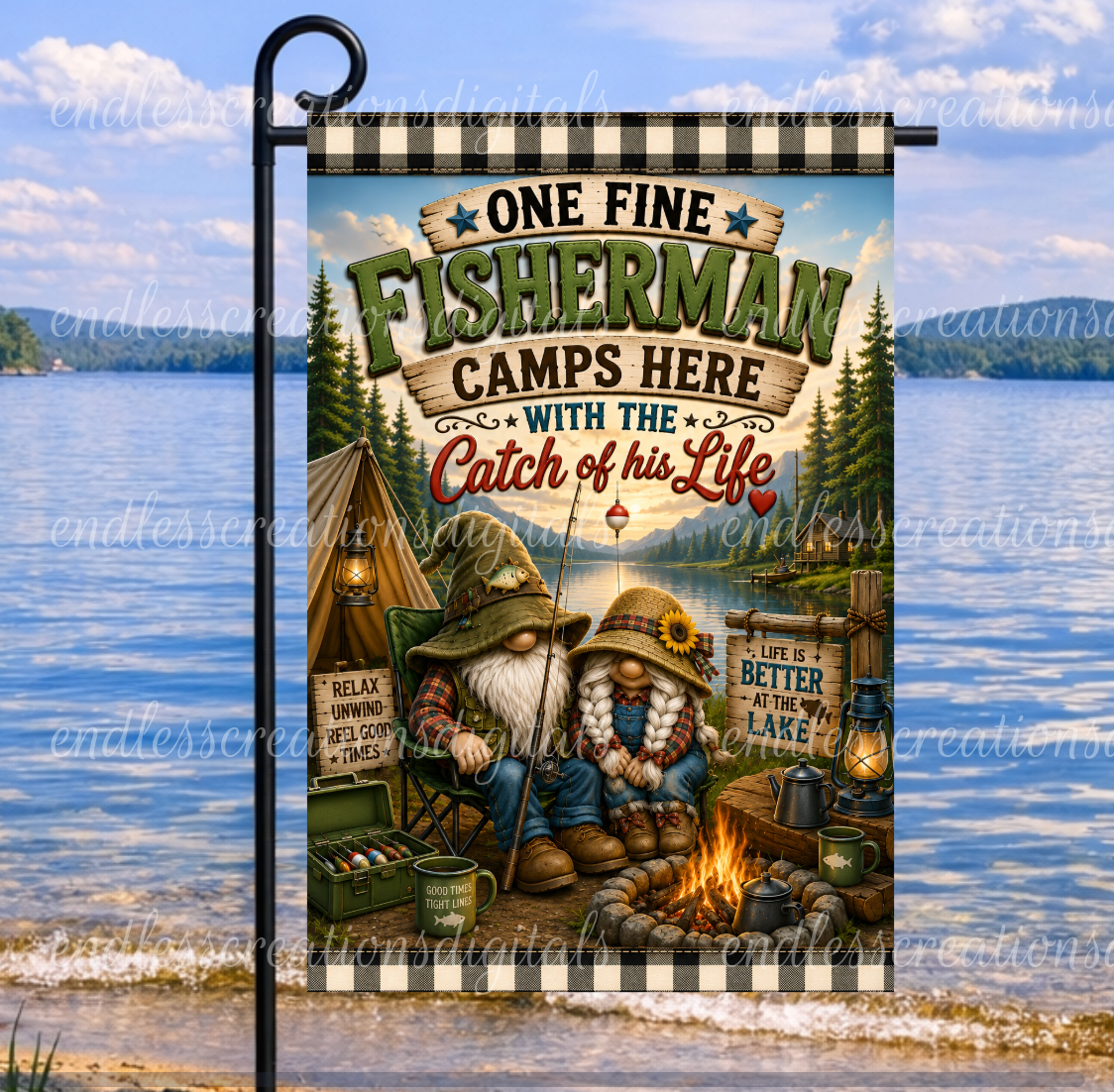 FINE FISHERMAN CAMPS HERE GARDEN FLAG