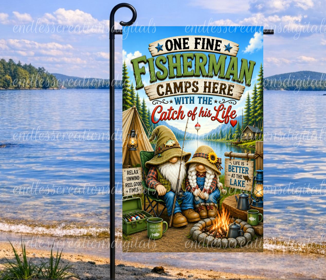 FINE FISHERMAN CAMPS HERE GARDEN FLAG