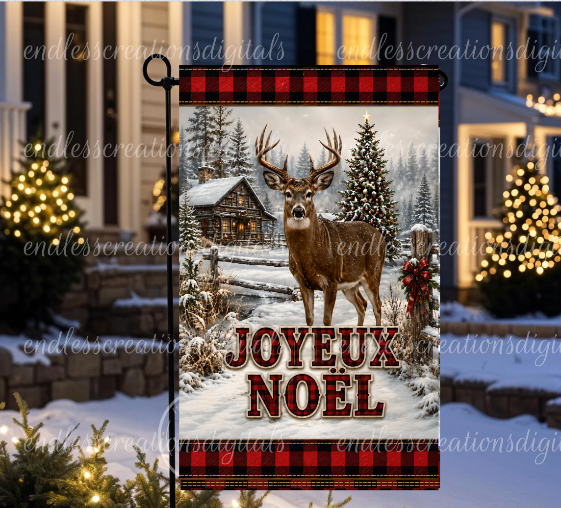 FRENCH VERSION MERRY CHRISTMAS DEER ROUND/GARDEN FLAG BUNDLE OF 2
