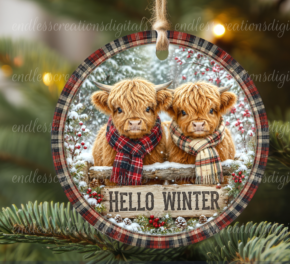 HELLO WINTER HIGHLAND COWS ROUND