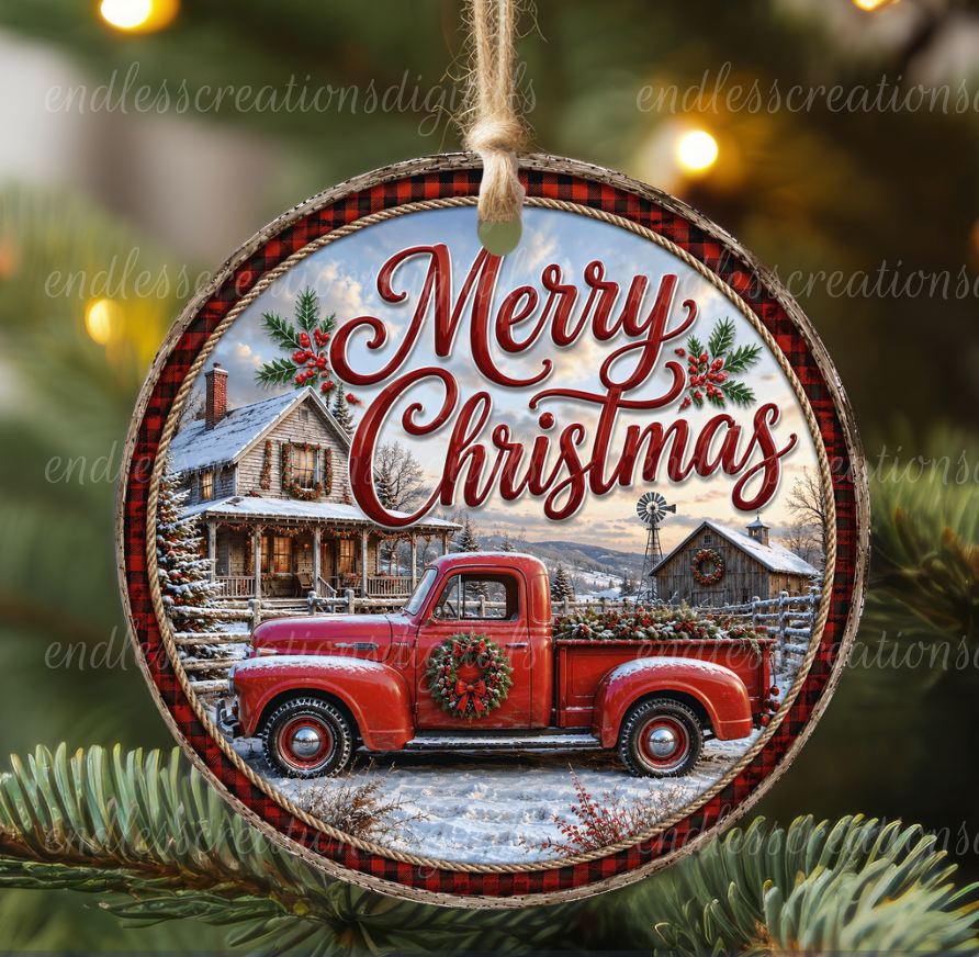 MERRY CHRISTMAS RED TRUCK ROUND ONLY