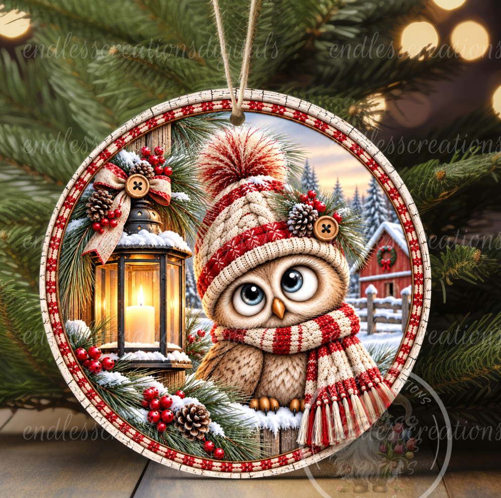 RED CHRISTMAS OWL ROUND ONLY