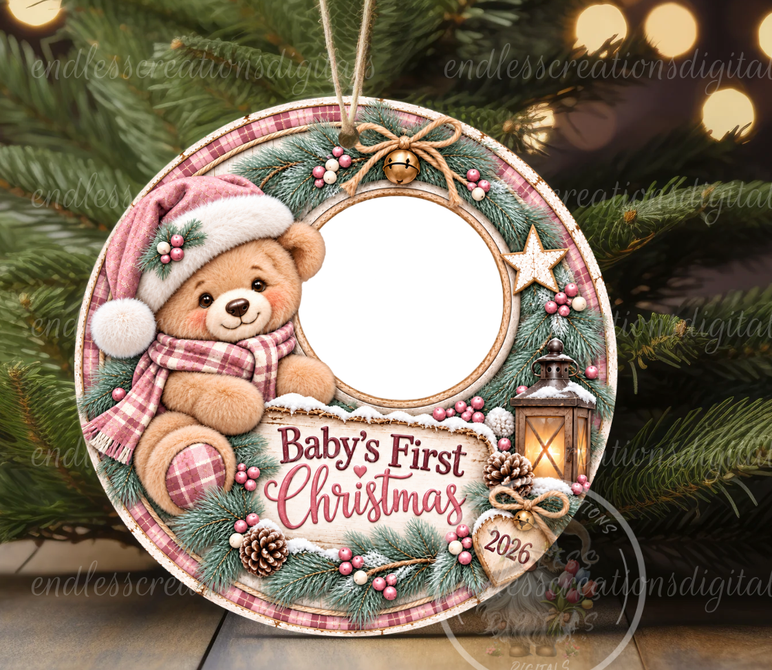 BABY'S FIRST CHRISTMAS GIRL BEAR PHOTO ORNAMENT