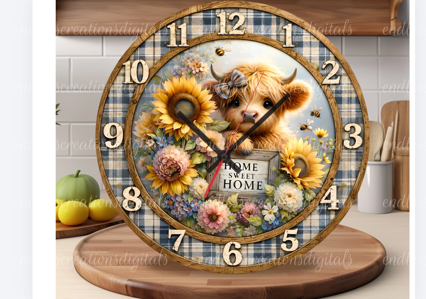 FLORAL HIGHLAND COW ROIUND/CLOCK DESIGN BUNDLE OF 4