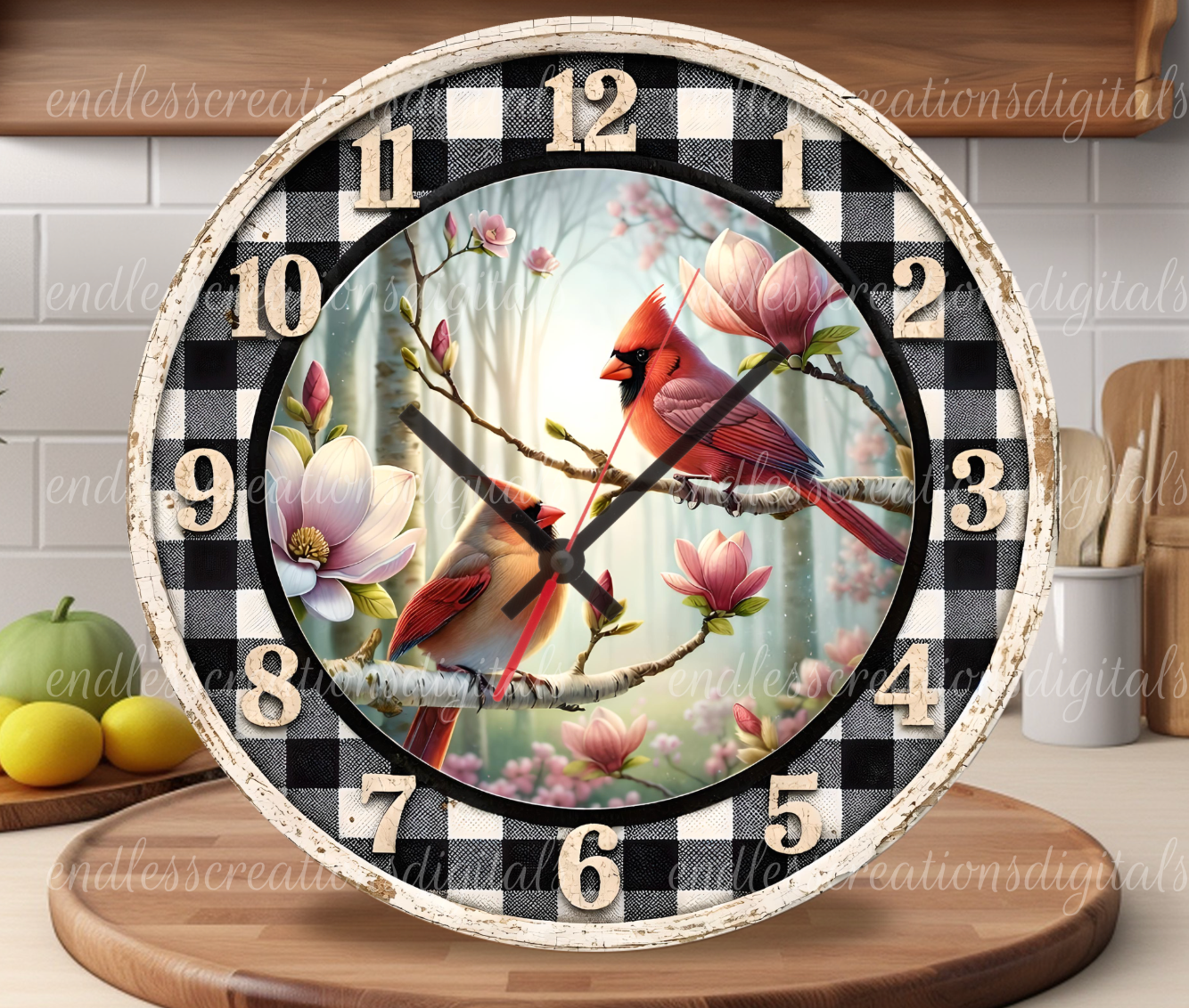 FLORAL CARDINAL PAIR ROUND/CLOCK DESIGN