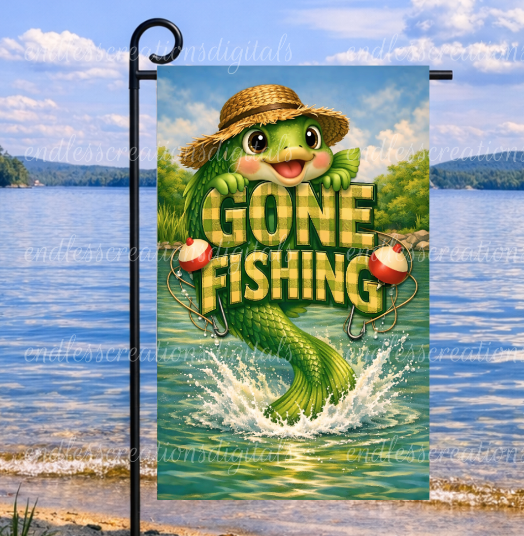 GONE FISHING ROUND WITH MATCHING GARDEN FLAG
