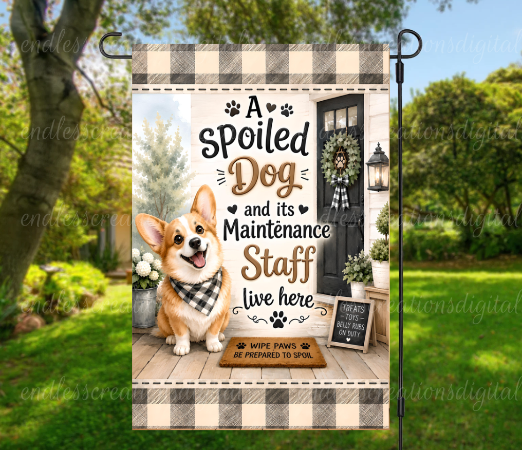 SPOLIED CORGI ROUND/GARDEN FLAG BUNDLE OF 2