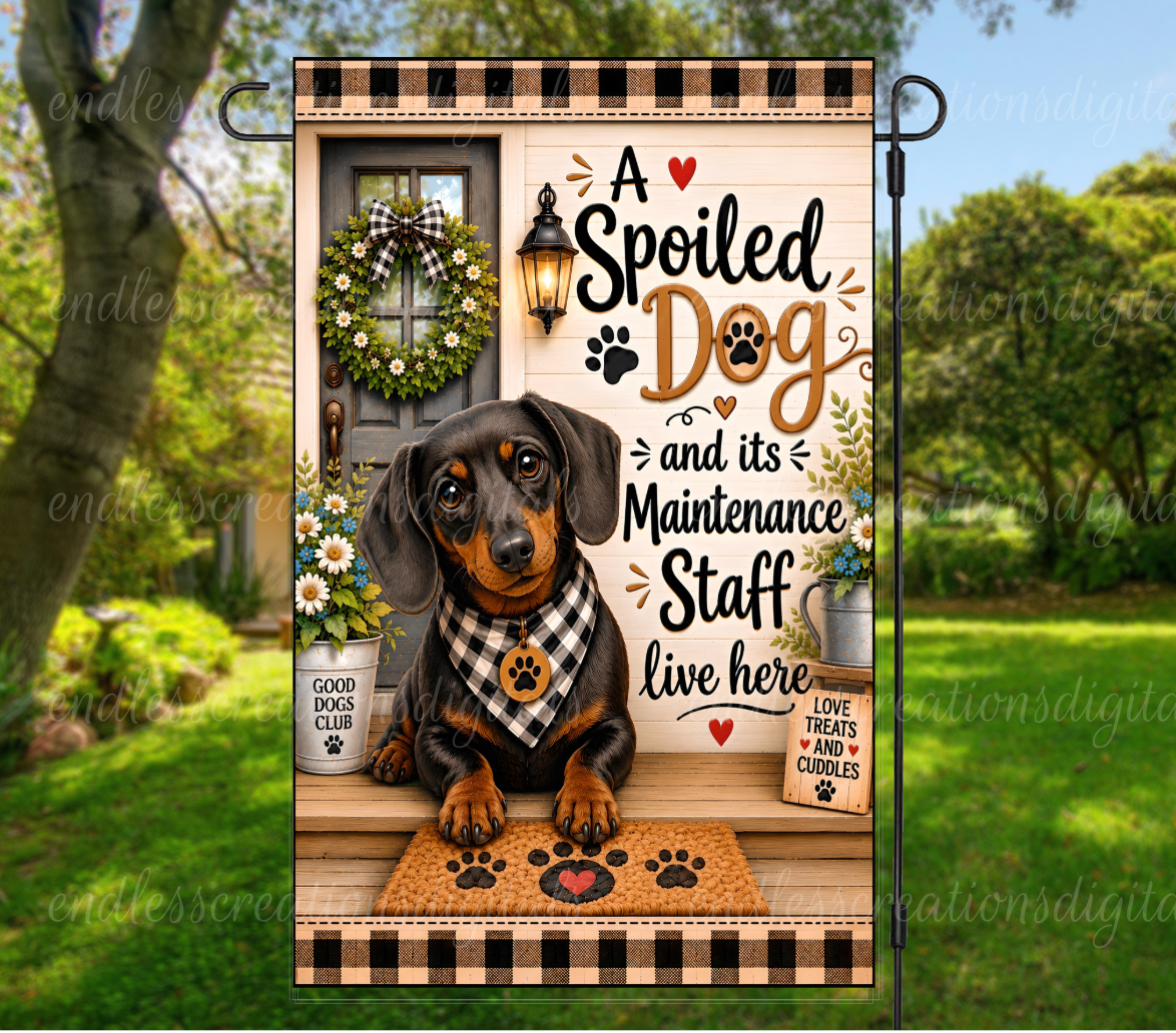 SPOILED BLACK DACHSHUND ROUND/GARDEN FLAG BUNDLE OF 2