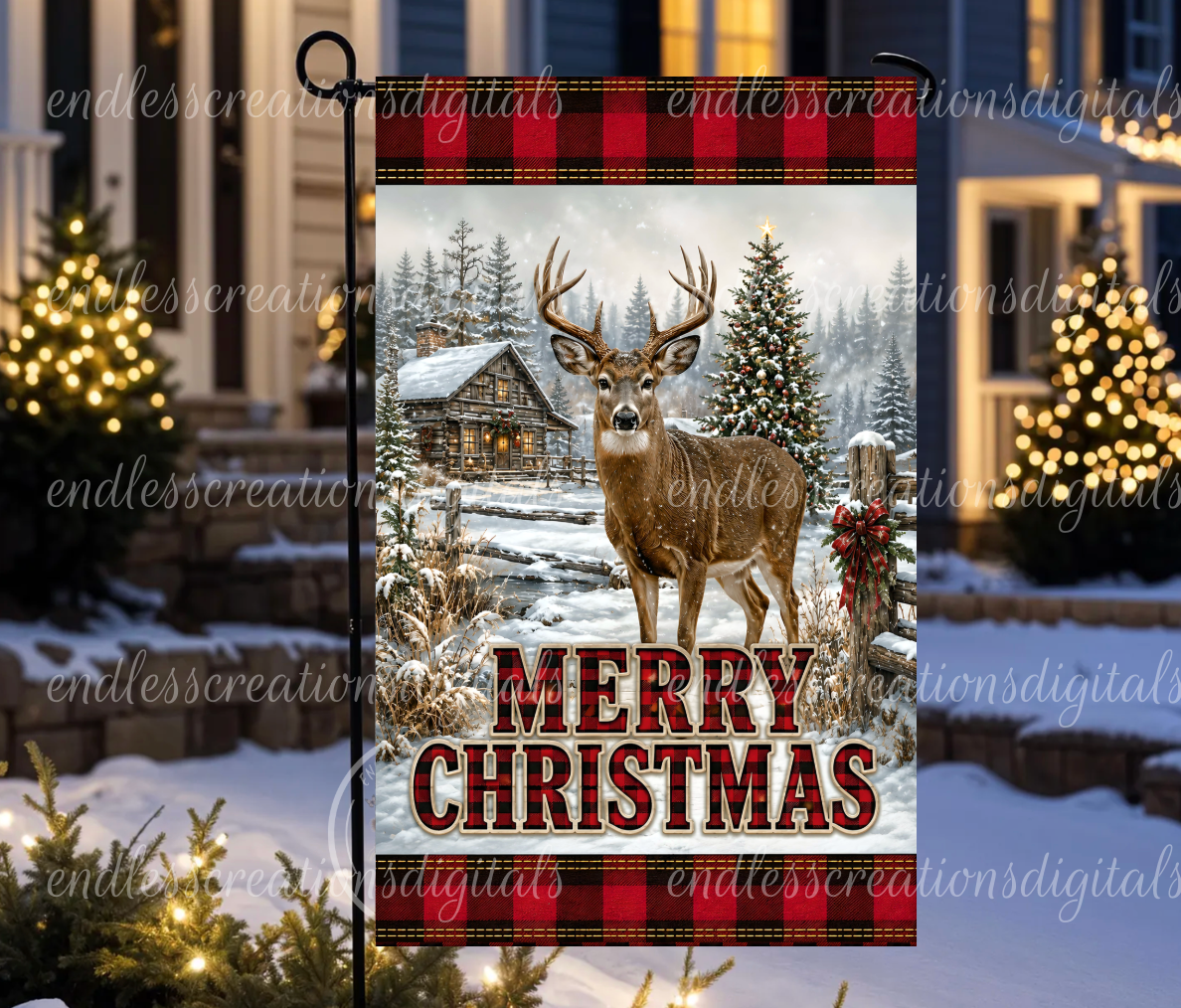 MERRY CHRISTMAS DEER ROUND/GARDEN FLAG BUNDLE OF 2