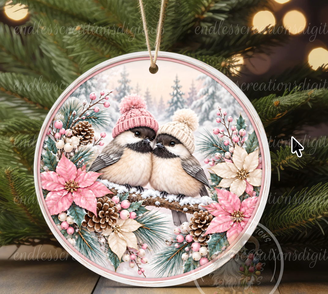 PINK POINSETTIAS WINTER CHICKADEES ROUND ONLY