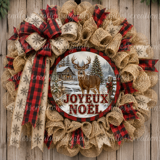 FRENCH VERSION MERRY CHRISTMAS DEER ROUND/GARDEN FLAG BUNDLE OF 2