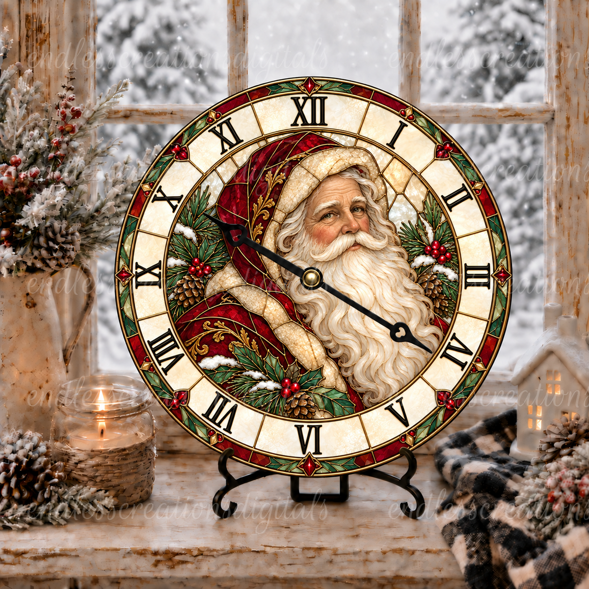STAINED GLASS VINTAGE SANTA CLOCK DESIGN