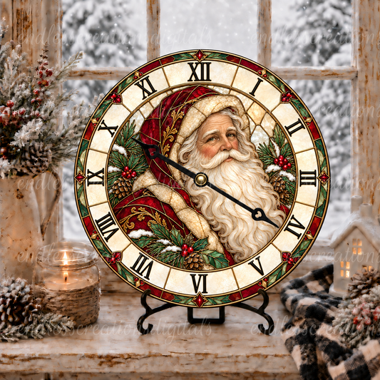 STAINED GLASS VINTAGE SANTA CLOCK DESIGN