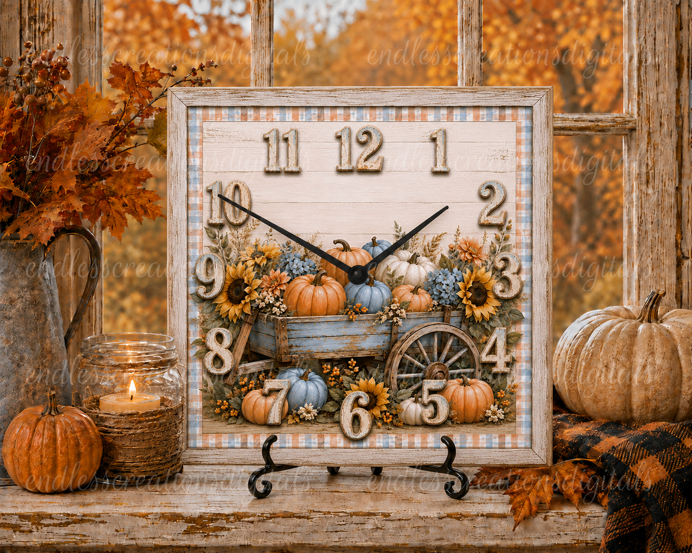 FALL PUMPKIN CART SQUARE CLOCK DESIGN