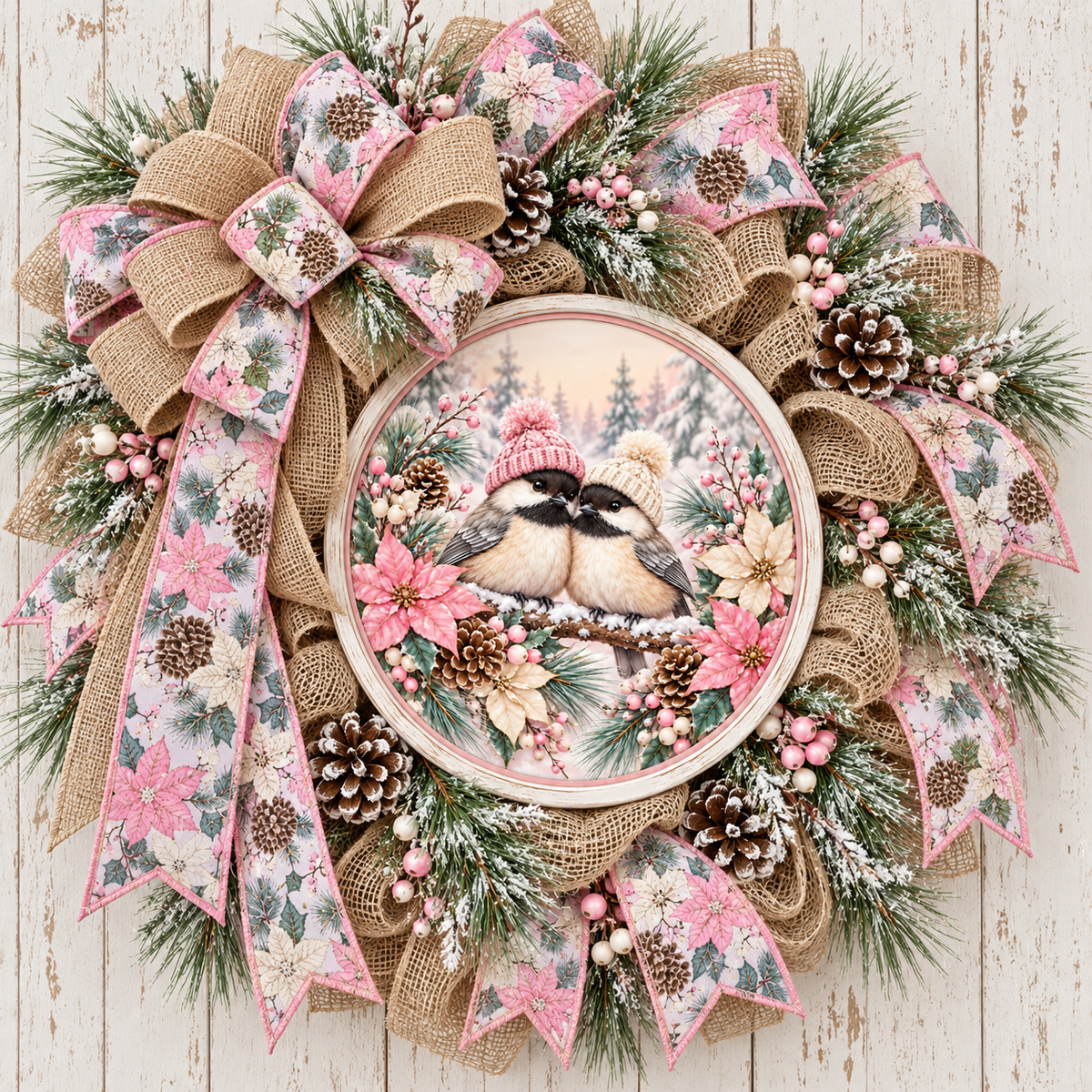 PINK POINSETTIAS WINTER CHICKADEES ROUND ONLY