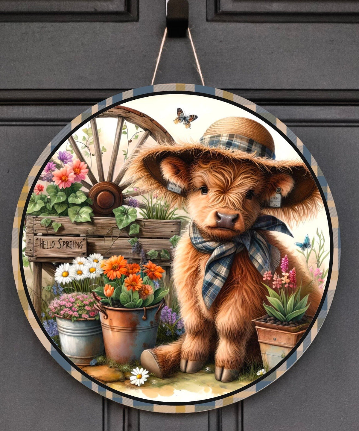 SPRING HIGHLAND COW ROUND door wreath sign AND a square for slates, for sublimation high resolution can be used for a wreath sign 2 files included for download