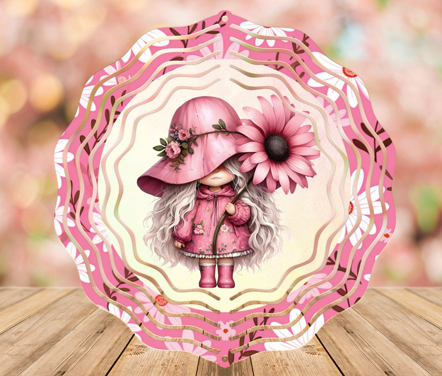 PINK DAISY SUMMER MALE AND FEMALE GNOMES WIND SPINNER