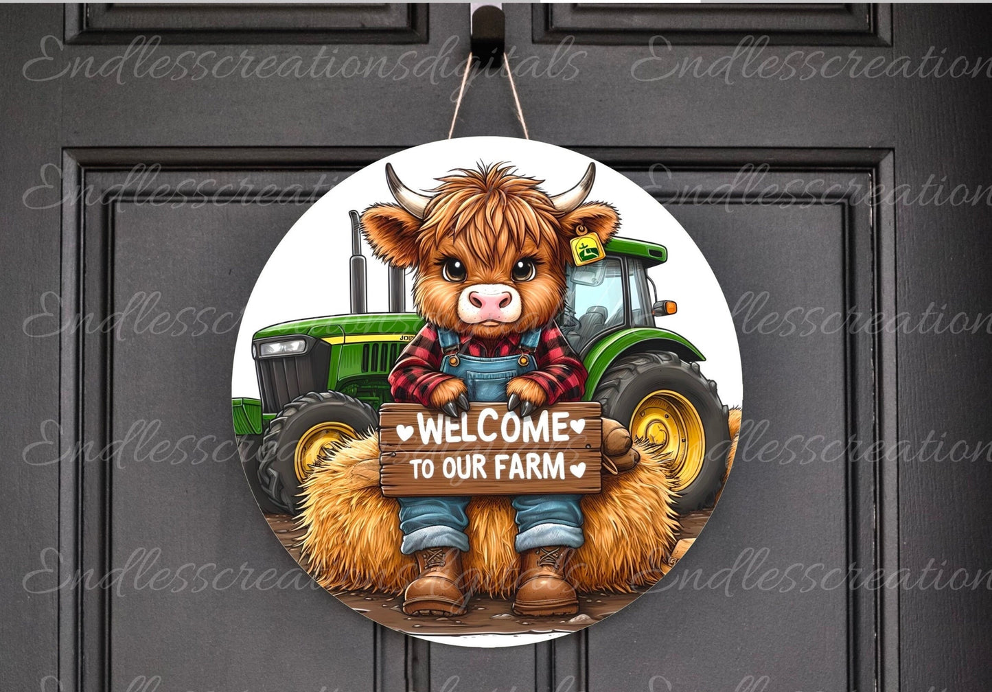 HIGHLAND COW SUBLIMATION door hanger with green tractor 300 dpi round door hanger