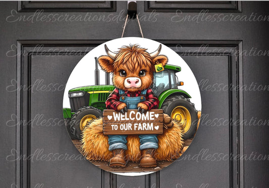 HIGHLAND COW SUBLIMATION door hanger with green tractor 300 dpi round door hanger