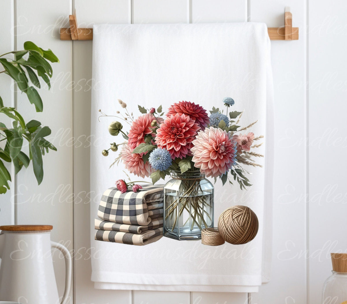 TEA TOWEL Floral sublimation package of 5 high definition 300png, transparent add your own text