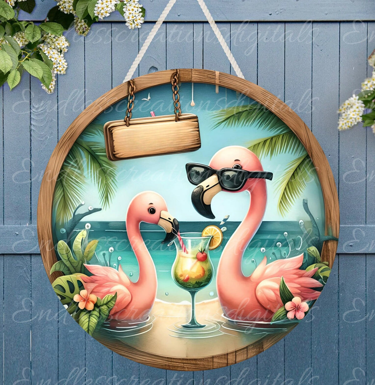 TROPICAL FLAMINGOS SUBLIMATION door hanger, wreath sign png, for sublimation high resolution 2 files, 1 add your own text