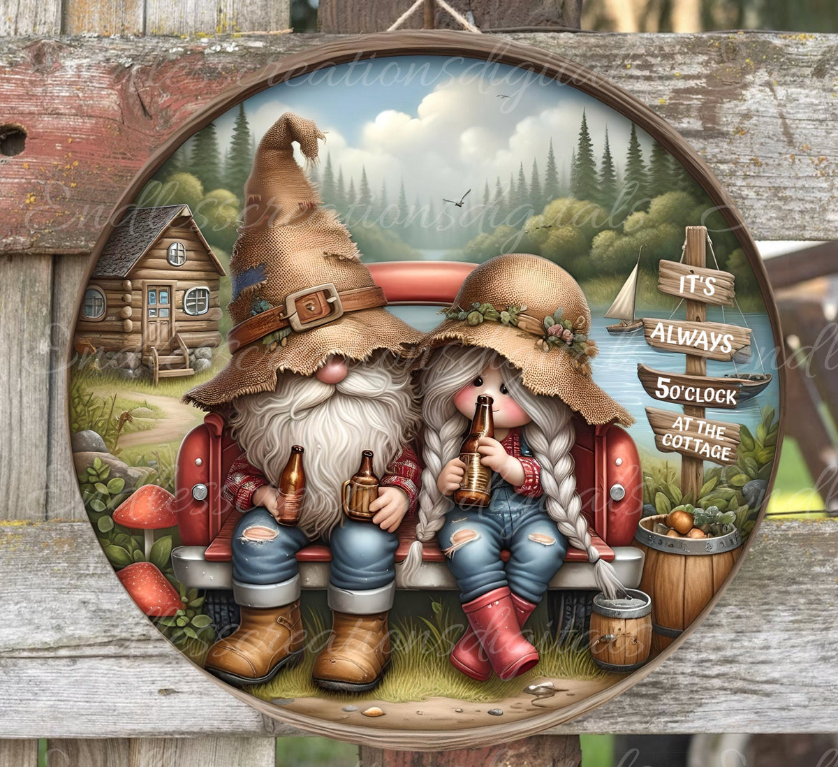 COTTAGE GNOMES SUBLIMATION door hanger, wreath sign png, for sublimation high resolution, 2 files, 1 blank add your own text